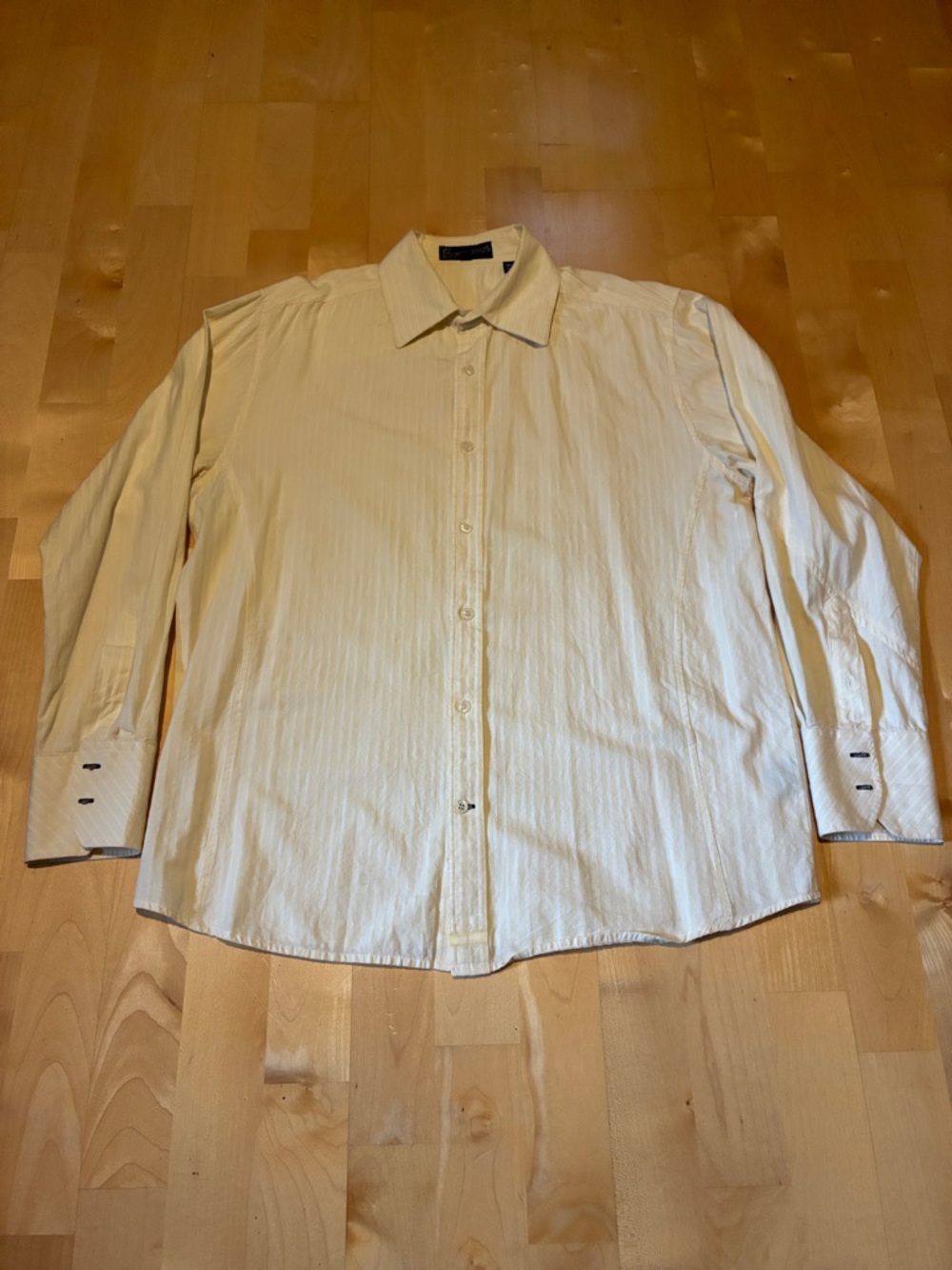 Ambiguous Vintage Men's Long-Sleeve Dress Shirt in Cream and Yellow Stripes